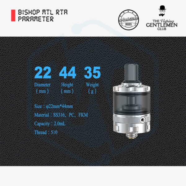 Authentic Ambition mods Bishop MTL RTA 22MM 2.0/4.0ML single coil Tank atomizer