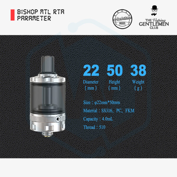 Authentic Ambition mods Bishop MTL RTA 22MM 2.0/4.0ML single coil Tank atomizer